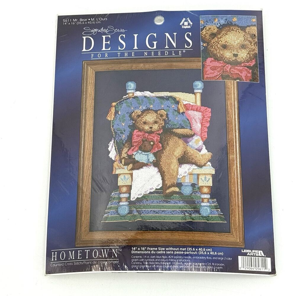 Hometown Signature Series Mr Bear Teddy Navy Aida Counted Cross Stitch Kit NEW